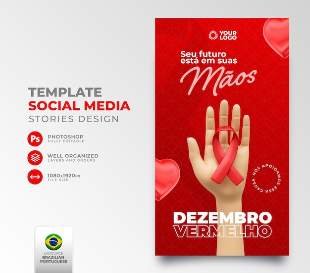 Publicação de mídia social dezembro vermelho luta contra a aids em renderização 3d para campanha de marketing no brasil