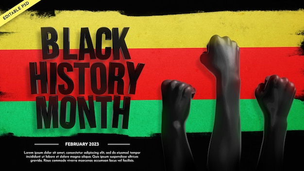 Publicación de banner de todo el mes de la historia negra con puños levantados y texto en 3d