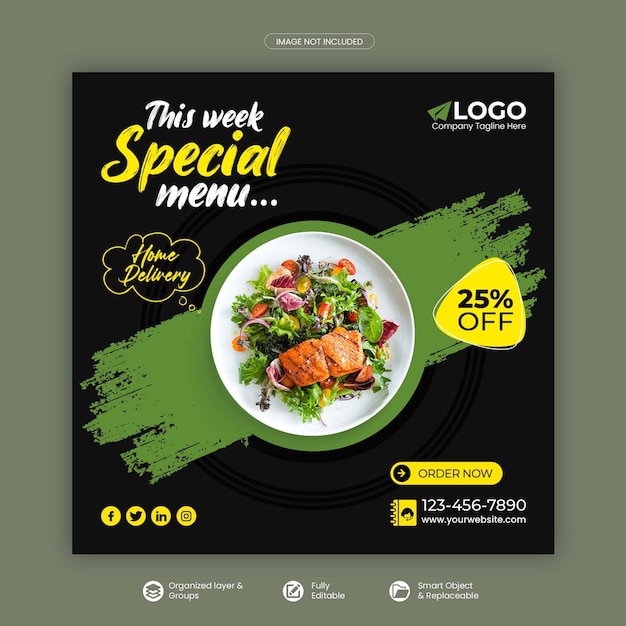 Publicación de comida en redes sociales o banner cuadrado y plantilla de banner web psd premium