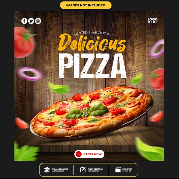 Publicación especial de delicious pizza en redes sociales