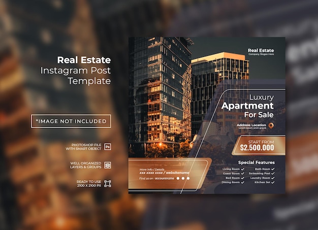 PSD publicación de instagram de bienes raíces de apartamentos de lujo en venta