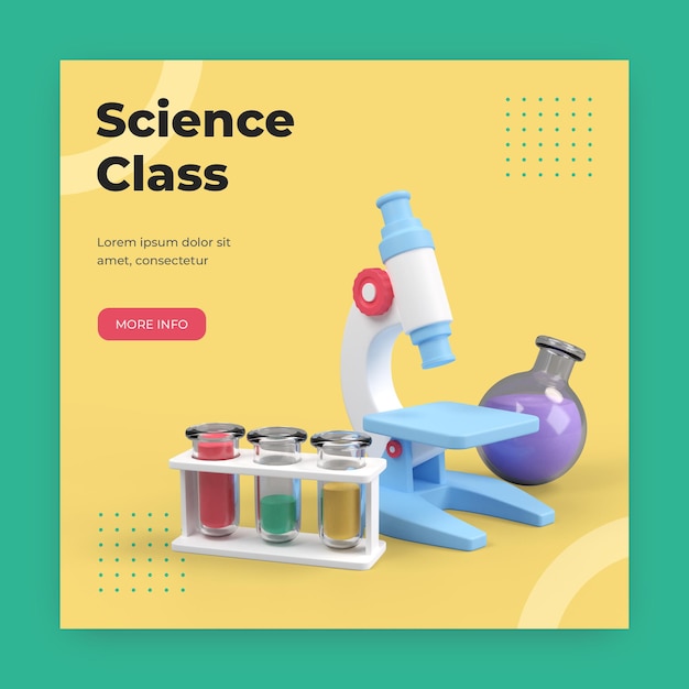 Publicación de instagram de clase de ciencias con microscopio de render 3d