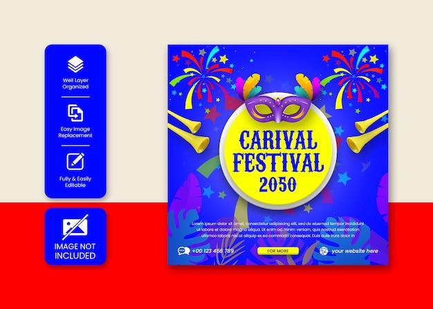 PSD publicación de instagram del festival de carnaval y banner de redes sociales o diseño de plantilla de volante cuadrado