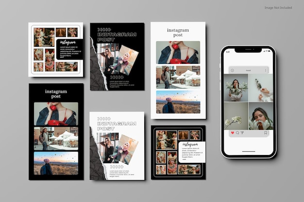 PSD publicación de instagram con maqueta de teléfono móvil