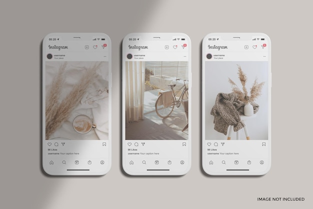 Publicación de instagram en maqueta de tres teléfonos