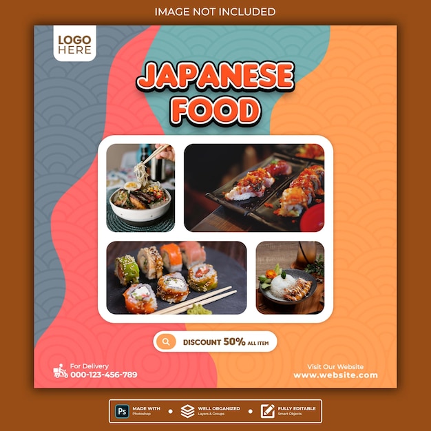 Publicación de instagram de promoción de menú de comida japonesa o plantilla de redes sociales de banner web cuadrado