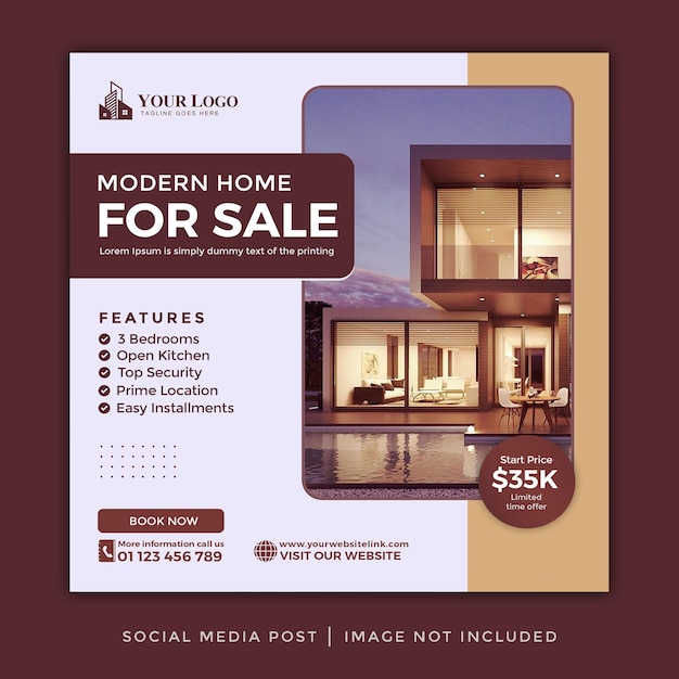Publicación de instagram de propiedad inmobiliaria moderna de lujo o publicación de banner de redes sociales oro inmobiliario