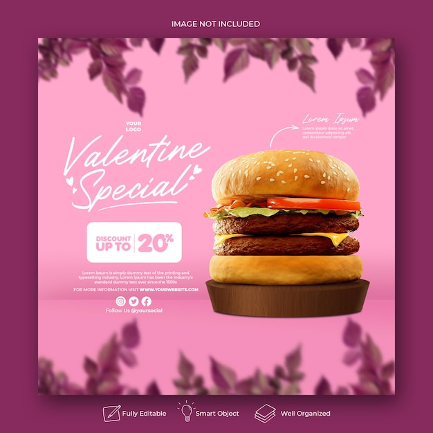 Publicación de instagram de redes sociales de promoción de menú de san valentín