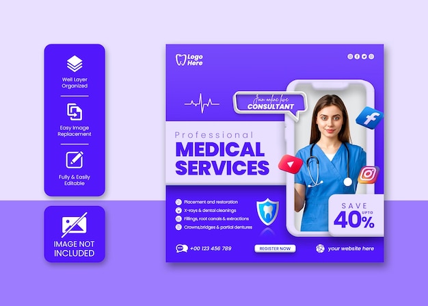 Publicación de instagram del servicio de atención médica o plantilla de banner de redes sociales con estilo de teléfono inteligente 3d