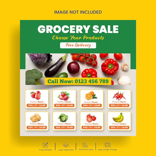 PSD publicación de instagram de venta de comestibles y gráfico de precios publicación en redes sociales o plantilla de volante de menú de alimentos
