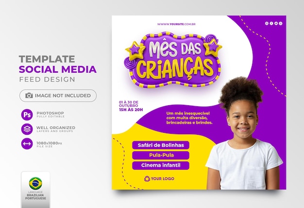 PSD publicación del mes del niño en las redes sociales en render 3d para la campaña de marketing en brasil en portugués