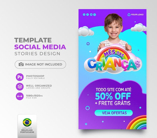 Publicación del Mes del Niño en las redes sociales en render 3d para la campaña de marketing en Brasil en portugués