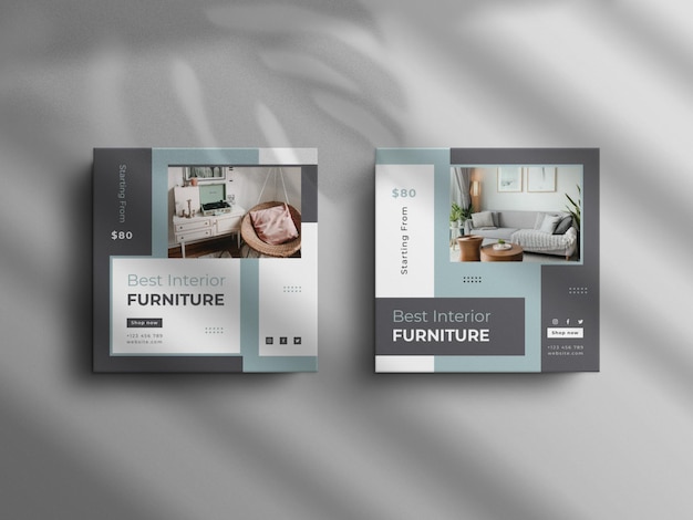 Publicación minimalista de instagram y banner de muebles de interior de square real estate con una maqueta de lujo