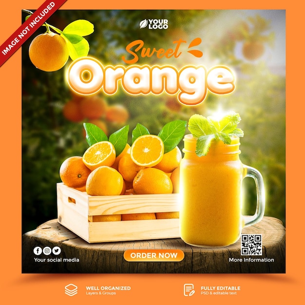 Publicación o folleto de promoción de menú de bebida de naranja en redes sociales