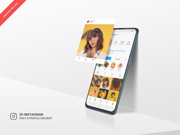 PSD publicación y perfil de instagram flotando en 3d en maqueta móvil vertical