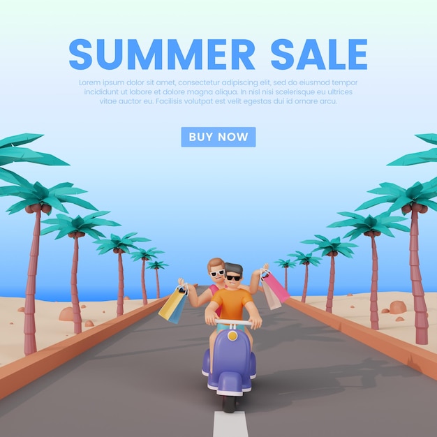 PSD publicación de plantilla de banner de venta de verano de render 3d con personaje premium psd