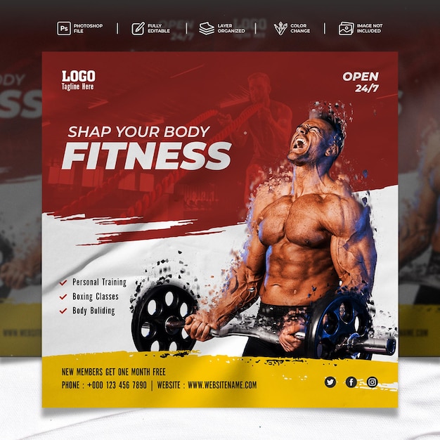 Publicación promocional de gimnasio y fitness en redes sociales y banner de redes sociales.