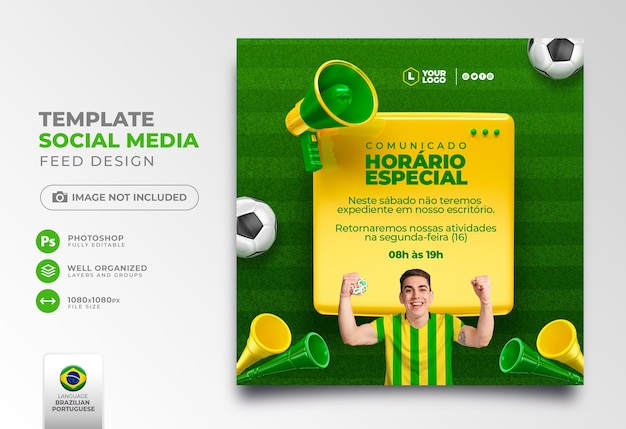 PSD publicación en redes sociales para el anuncio de la copa de fútbol en portugués brasileño 3d render