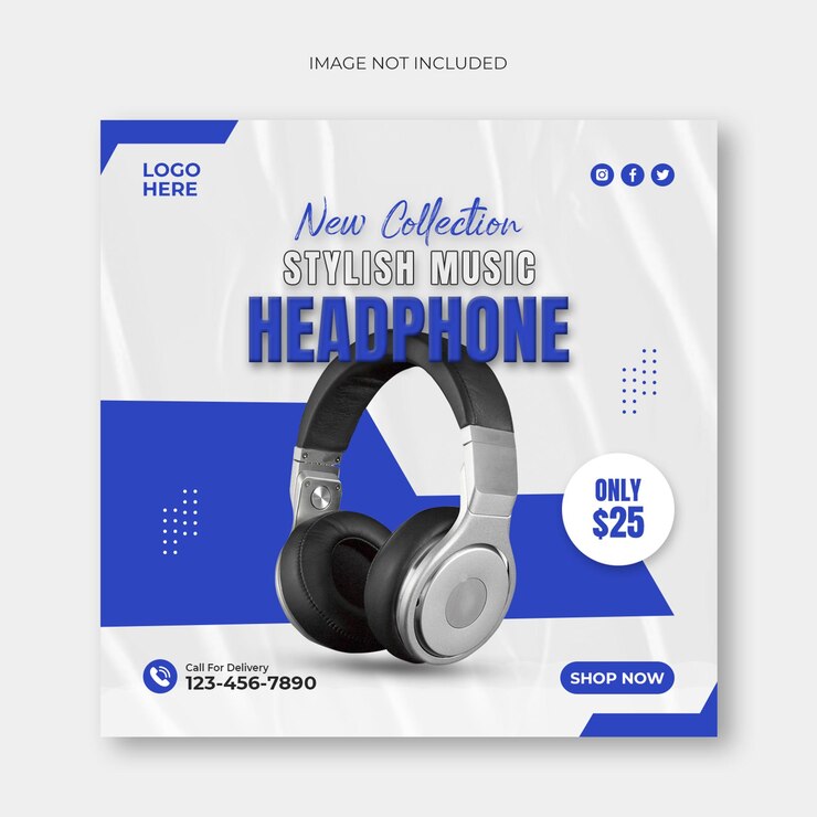 Publicación en redes sociales de auriculares y plantilla de banner web de promoción