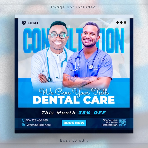 Publicación en redes sociales de dentista médico y cuidado de la salud dental o plantilla de Instagram de banner web cuadrado