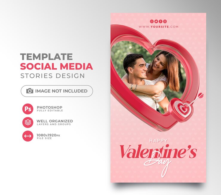 PSD publicación en las redes sociales del día de san valentín feliz en 3d render con destino de dibujos animados y flechas