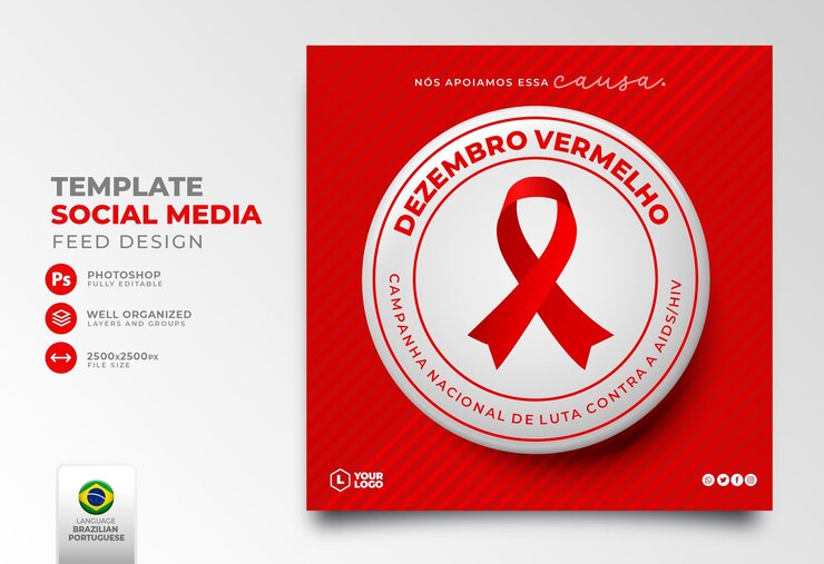 PSD publicación en redes sociales diciembre rojo lucha contra el sida en presentación 3d para campaña de marketing en brasil
