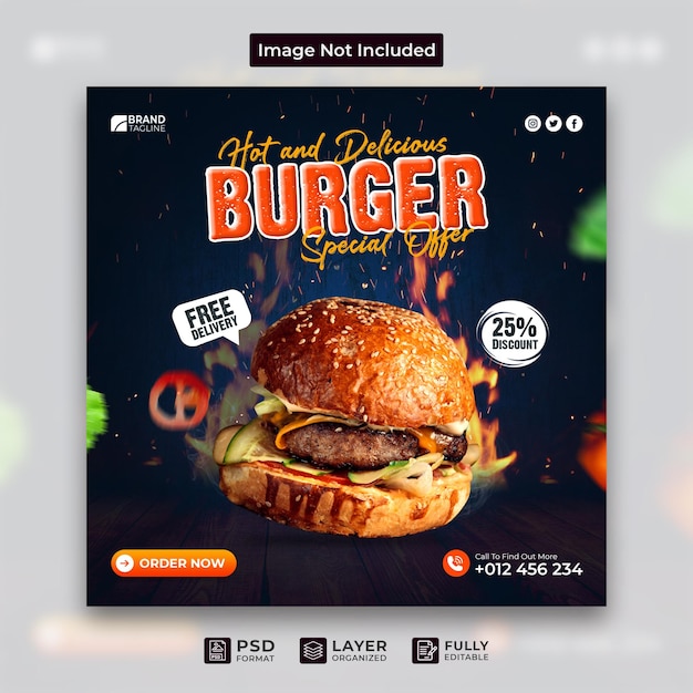 PSD publicación en redes sociales de facebook hamburguesa caliente y deliciosa comida rápida diseño de plantilla de restaurante de instagram