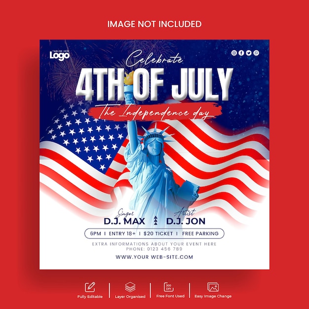 Publicación en redes sociales de la fiesta del 4 de julio y diseño de plantilla de banner de Instagram