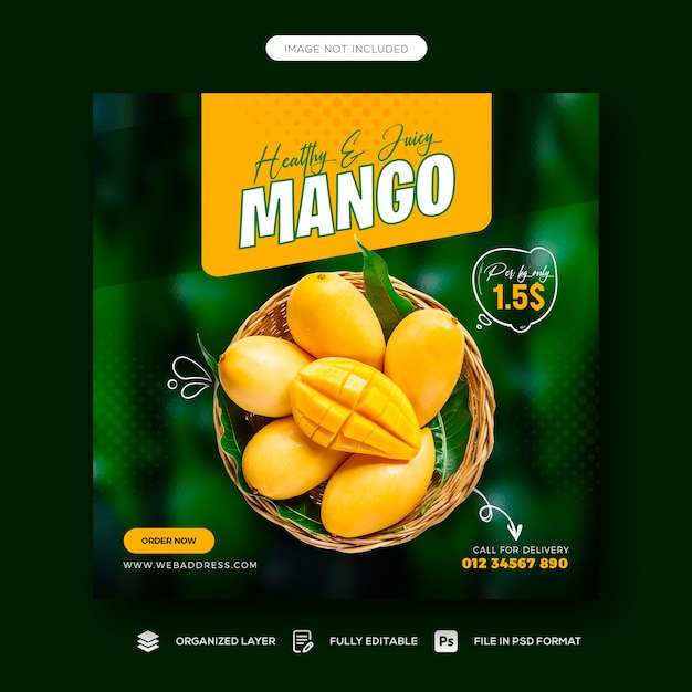 Publicación en redes sociales de frutas de mango y plantilla de banner de instagram