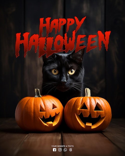 PSD publicación en redes sociales de halloween sobre gato negro y jack o lantern