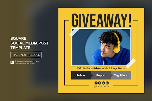 PSD publicación en redes sociales de instagram de sorteo o plantilla de banner web cuadrado