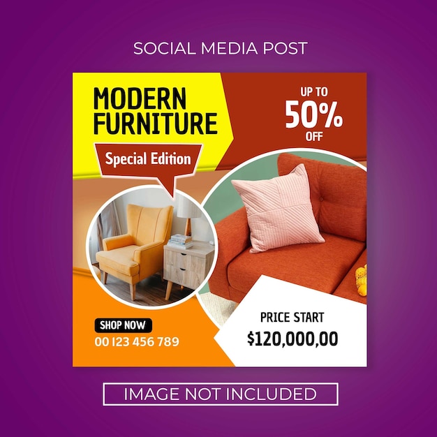 Publicación en redes sociales de muebles modernos con precio de descuento.