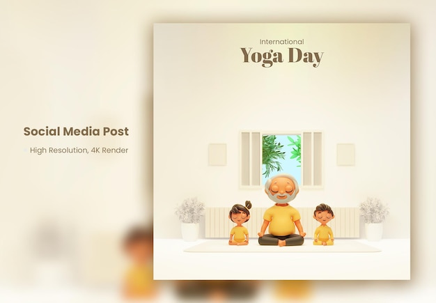 Publicación en redes sociales o diseño de plantilla con abuelo y nietos en 3d meditando en la vista interior para el día internacional del yoga