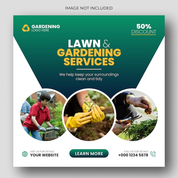 Publicación en redes sociales y plantilla de banner web de servicio de jardinería o césped