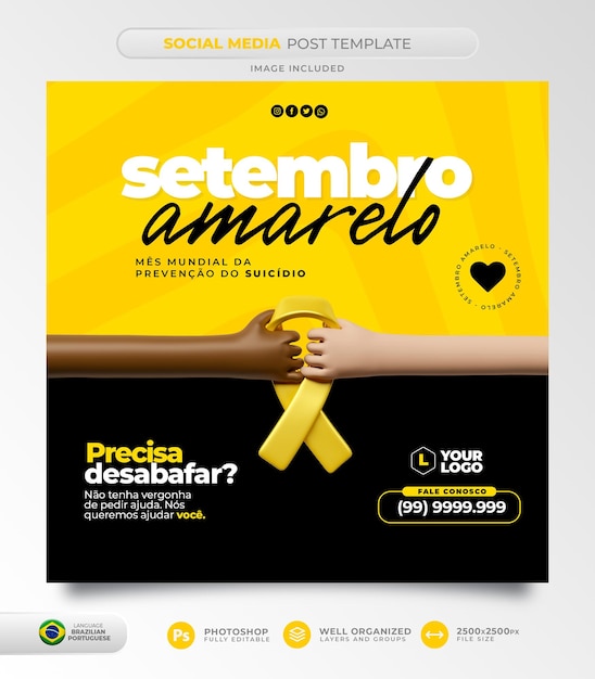 Publicación en redes sociales septiembre amarillo para campaña de marketing en brasil en 3d render