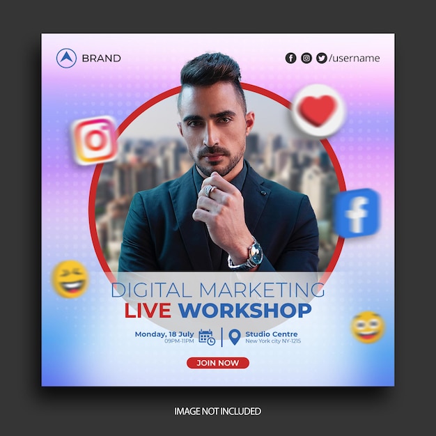 Publicación de redes sociales sobre taller en vivo, plantilla de post de Instagram
