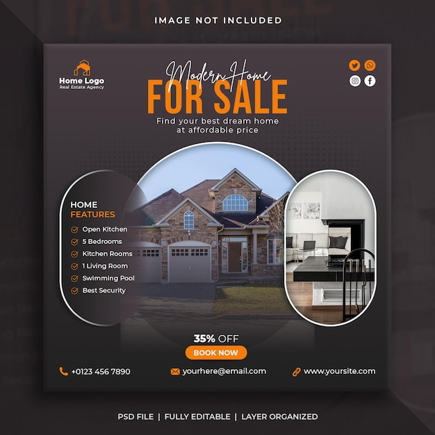 Publicación en redes sociales de venta de propiedades inmobiliarias y plantilla de banner web cuadrado de instagram