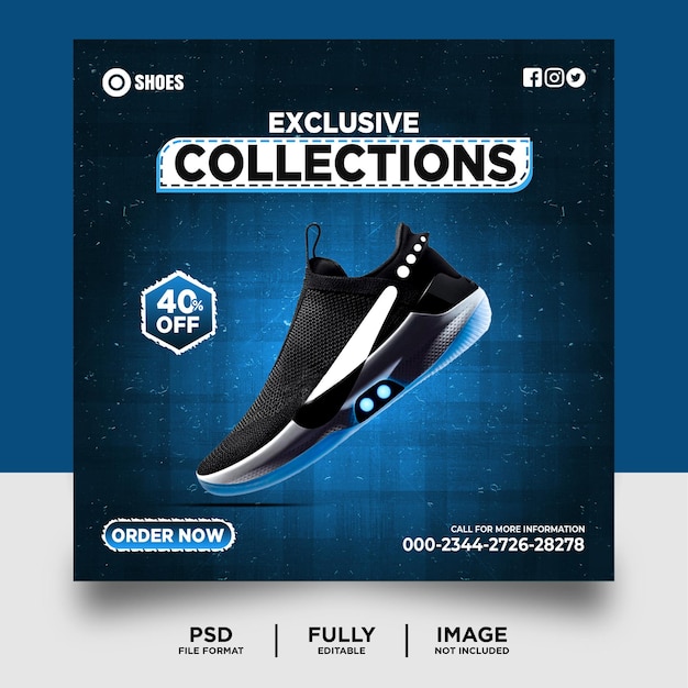 PSD publicación en redes sociales de zapatos deportivos de color azul