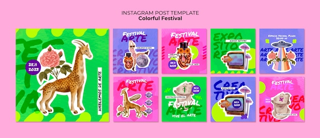 PSD publicaciones coloridas de instagram del festival de arte.