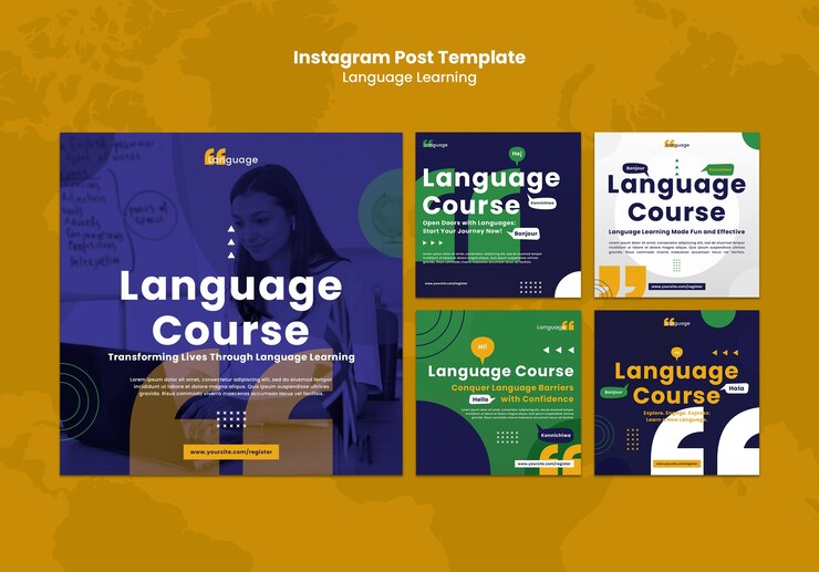PSD publicaciones de instagram de aprendizaje de idiomas de diseño plano
