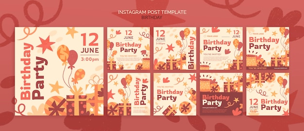 Publicaciones de instagram de celebración de cumpleaños de diseño plano