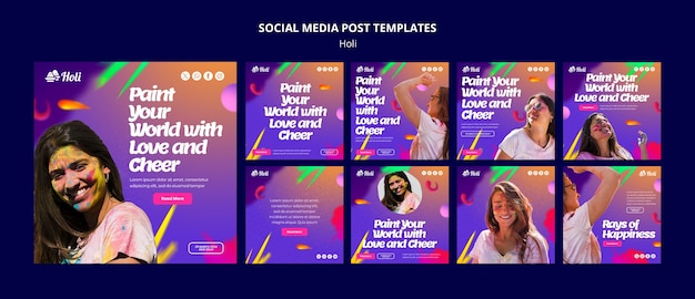 PSD publicaciones de instagram de celebración del festival holi