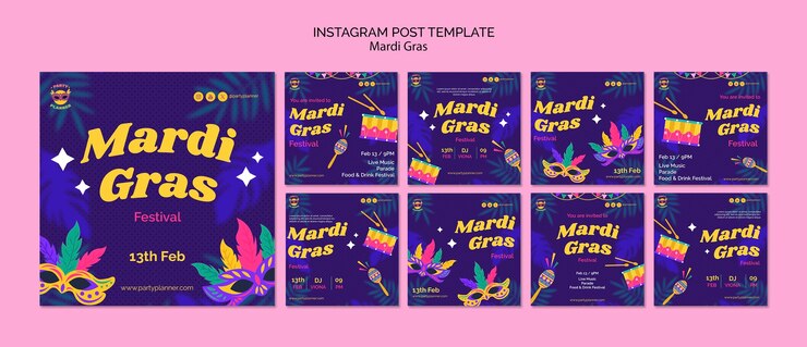 PSD las publicaciones de instagram de la celebración del mardi gras