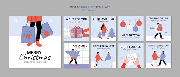 PSD publicaciones de instagram de celebración de navidad de diseño plano