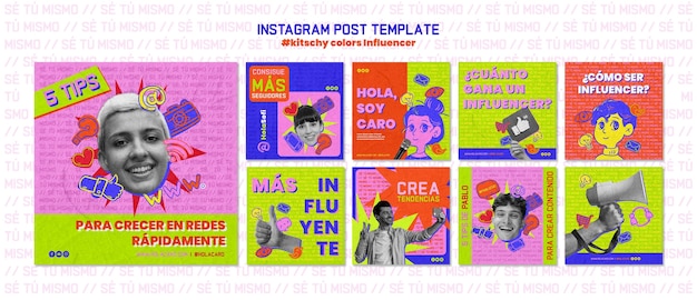 PSD publicaciones de instagram de colores kitsch dibujados a mano