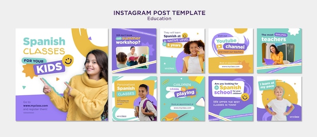 PSD publicaciones de instagram de concepto de educación de diseño plano