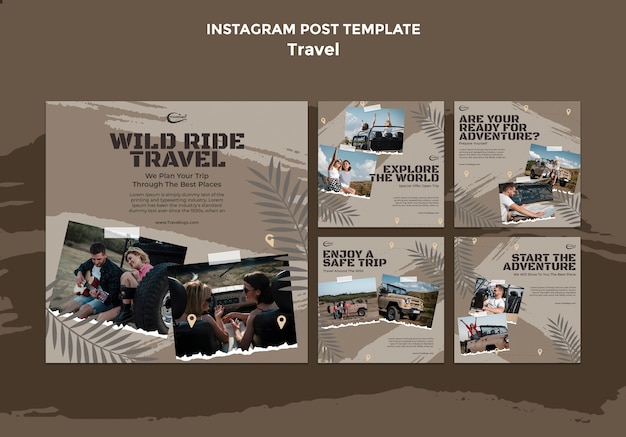 PSD publicaciones de instagram de concepto de viaje de diseño plano