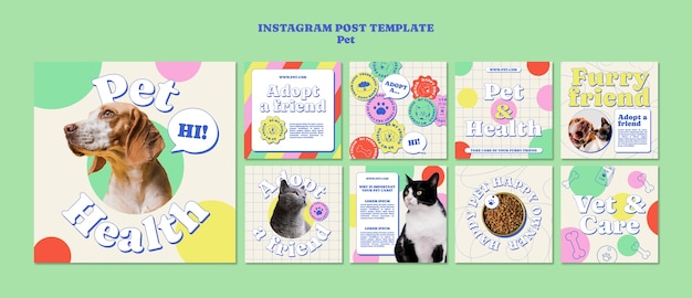 PSD publicaciones de instagram de cuidado de mascotas de diseño plano