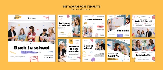 PSD publicaciones de instagram de descuentos para estudiantes dibujadas a mano