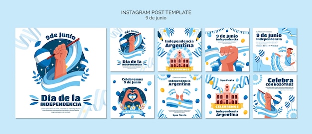 PSD publicaciones de instagram del día de la independencia argentina de diseño plano